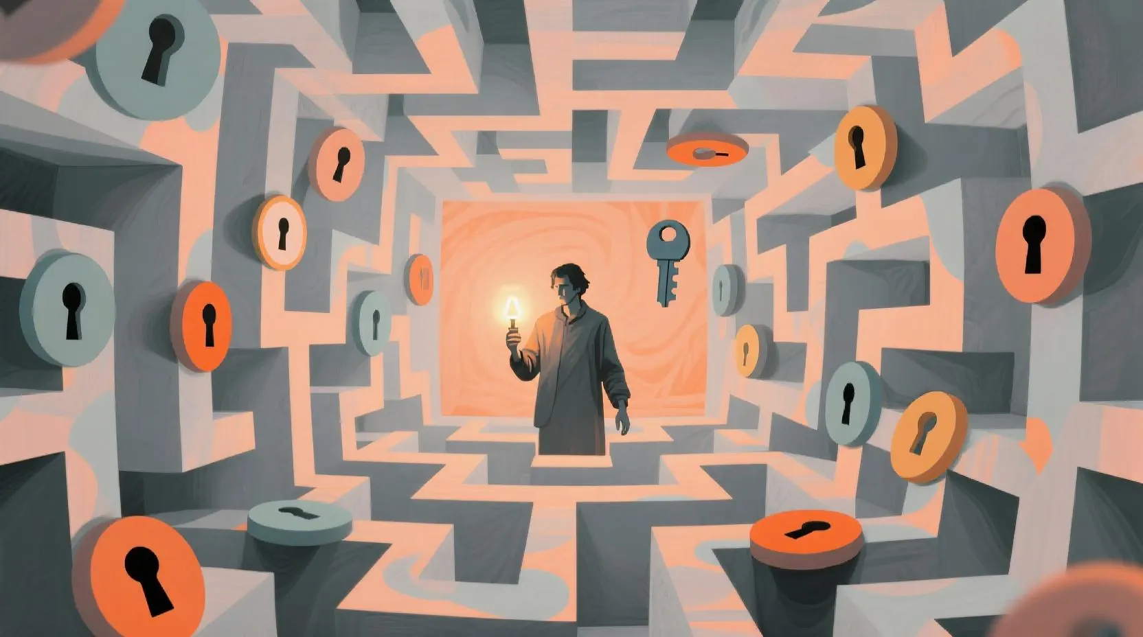 Problem çözme illüstrasyonu: labirentte ışık tutan figür, kilit ve anahtar sembolleri, pastel gri ve turuncu tonlar, disiplinler arası çözüm teması.  