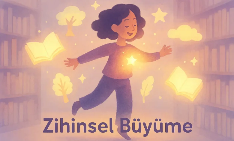 Pastel tonlarda hayali karakter, kütüphane ortamı; ışık saçan kitaplar, zihinsel büyüme sembolleri (yıldız, ağaç, bulut); yumuşak gölgeler, buğulu arka plan, bilgelik teması.