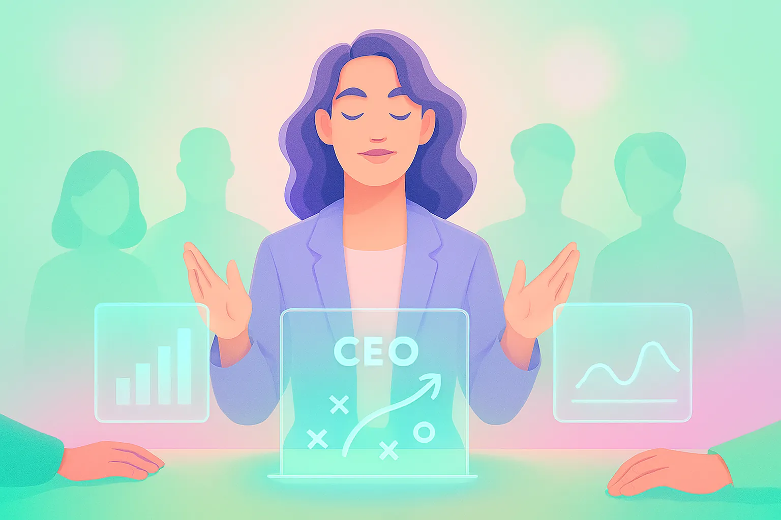 Hayali kadın CEO, pastel yeşil ve pembe tonlarda toplantı masasında; holografik veri ekranları önünde konuşuyor, ekip üyeleri dinleyici ve katılımcı şekilde etkileşimde.