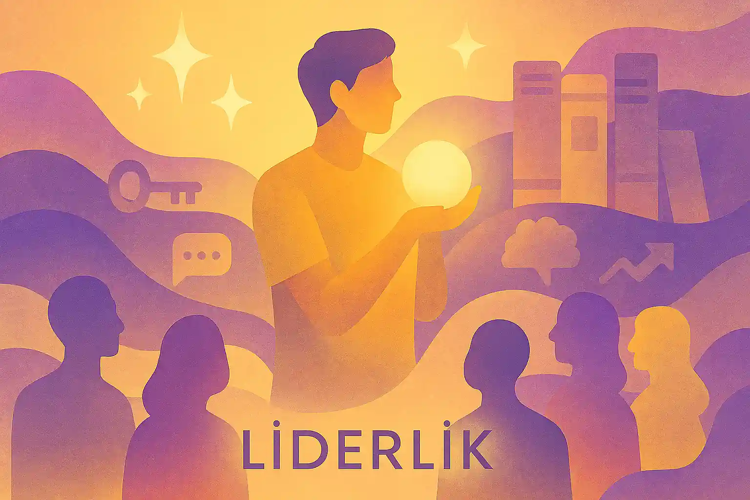 Liderlik simgesi: ışık saçan figür, etrafında insanlar, arka planda yıldızlar ve kitaplarla liderlik ve başarı teması.