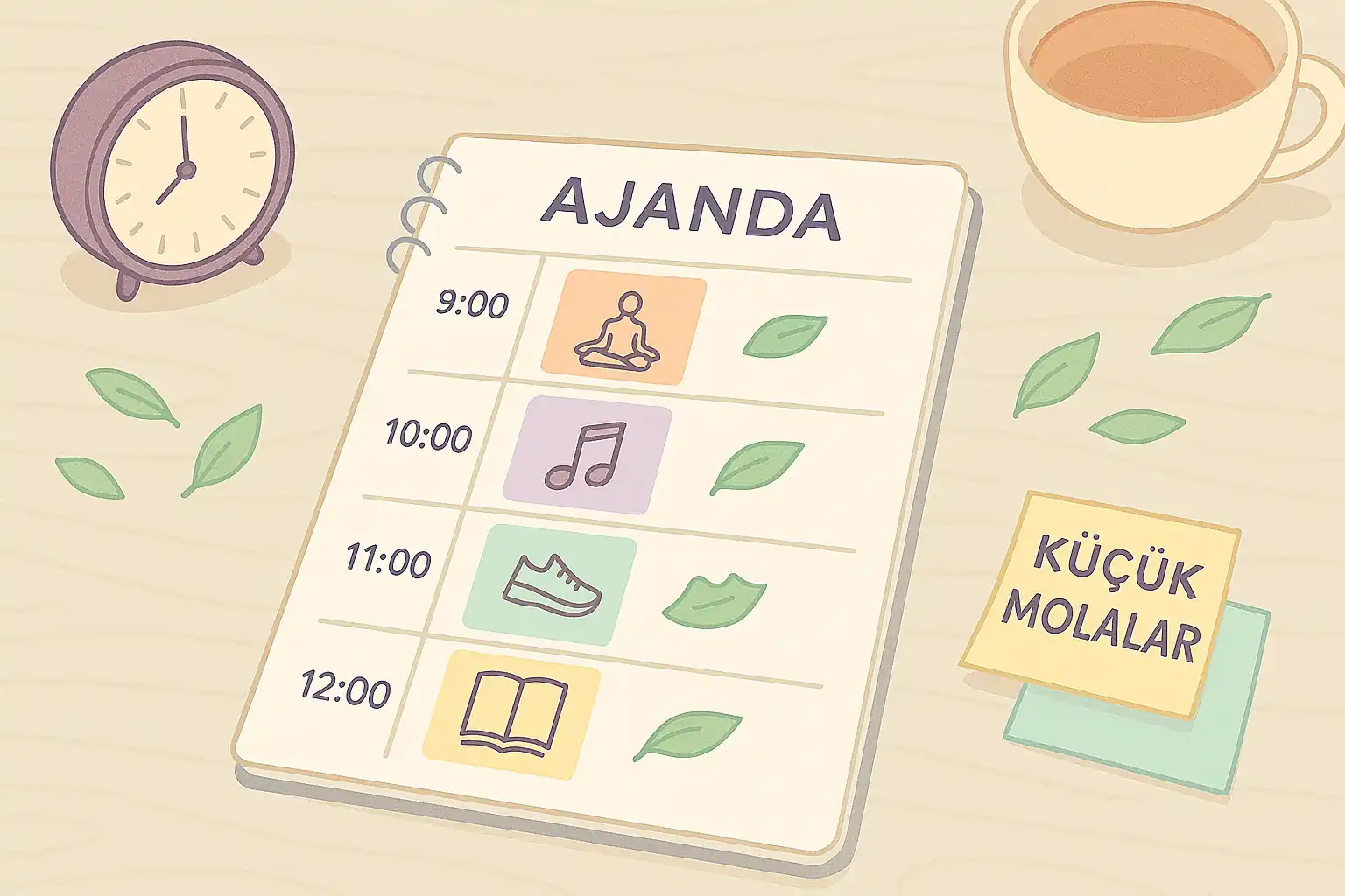 Masa üstünde bir ajanda, saat, çay fincanı ve küçük not kağıtları; her saat dilimine karşılık gelen küçük molaların görsel sembolleri (yoga pozisyonu, müzik notası, yürüyüş ayakkabısı, kitap) pastel renklerle gösterilmiş.
