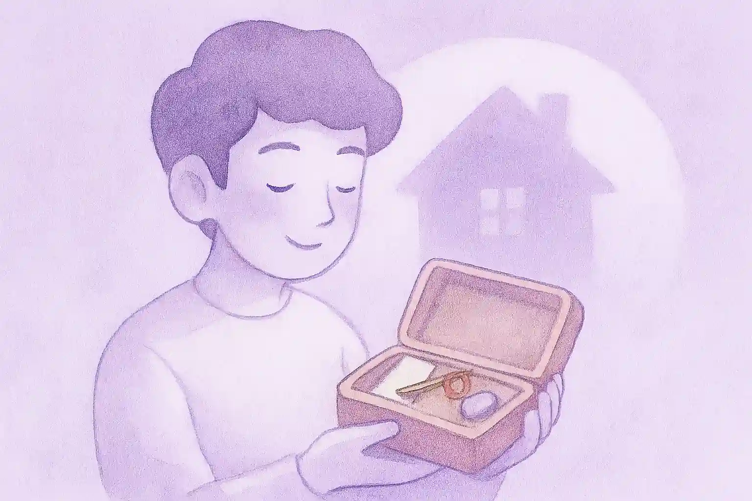 Elinde küçük ahşap kutu tutan karakter, içinde anahtar, not ve taş; arka planda ev silueti, pastel mor ve beyaz tonlarda huzur teması.