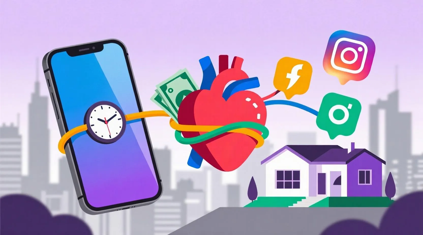 Modern yaşam faktörleri; telefon, saat, para, izole ev ve sosyal medya ikonları kalbe bağlı olarak gösteriliyor.