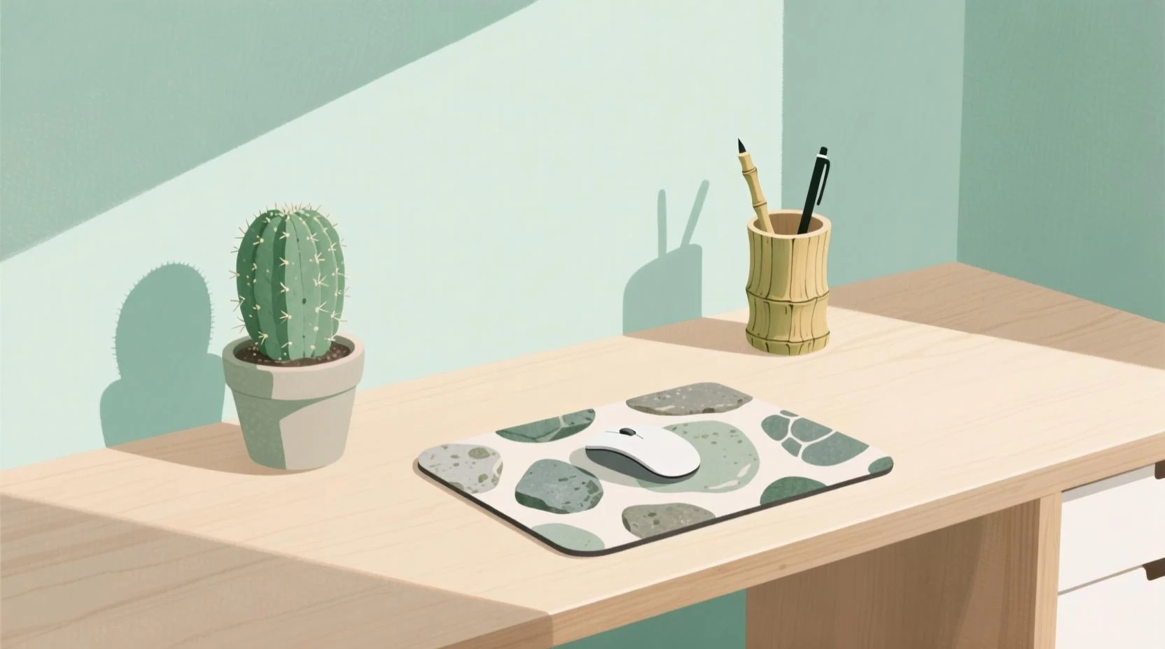Pastel tonlarda masaüstü, kaktüs saksısı, taş mouse pad ve bambu kalemlik ile dijital illüstrasyon.