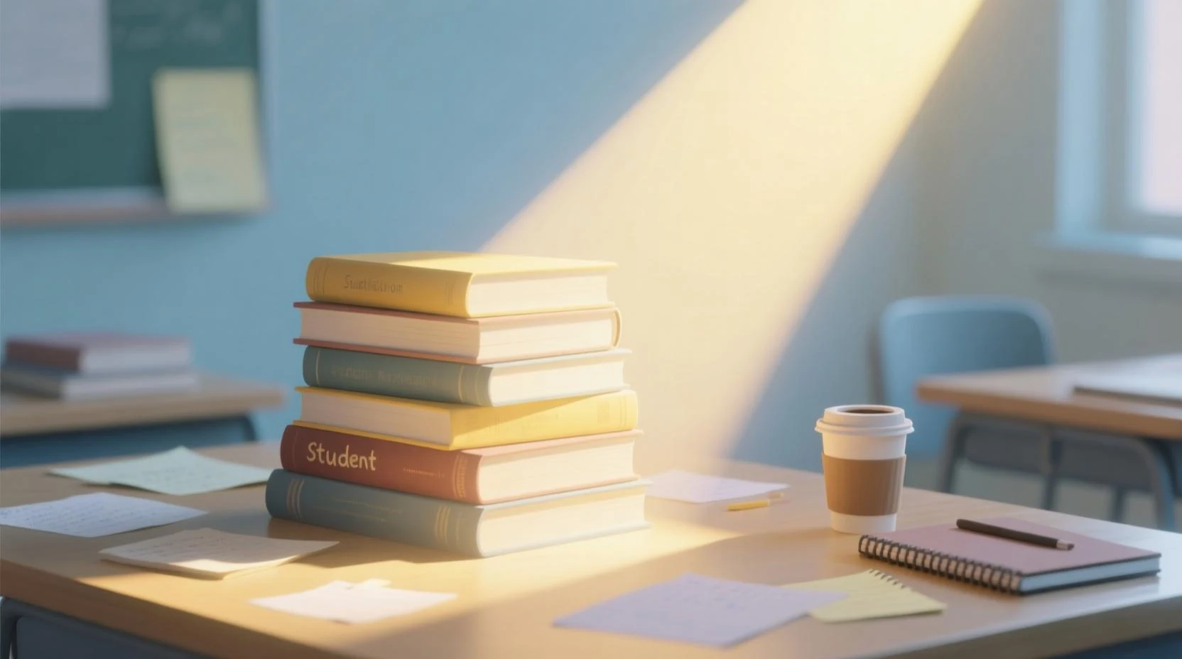 Öğrenci motivasyonu, kitap yığınlarını aydınlatan ışık huzmesi ile pastel tonlarda dijital illüstrasyon.