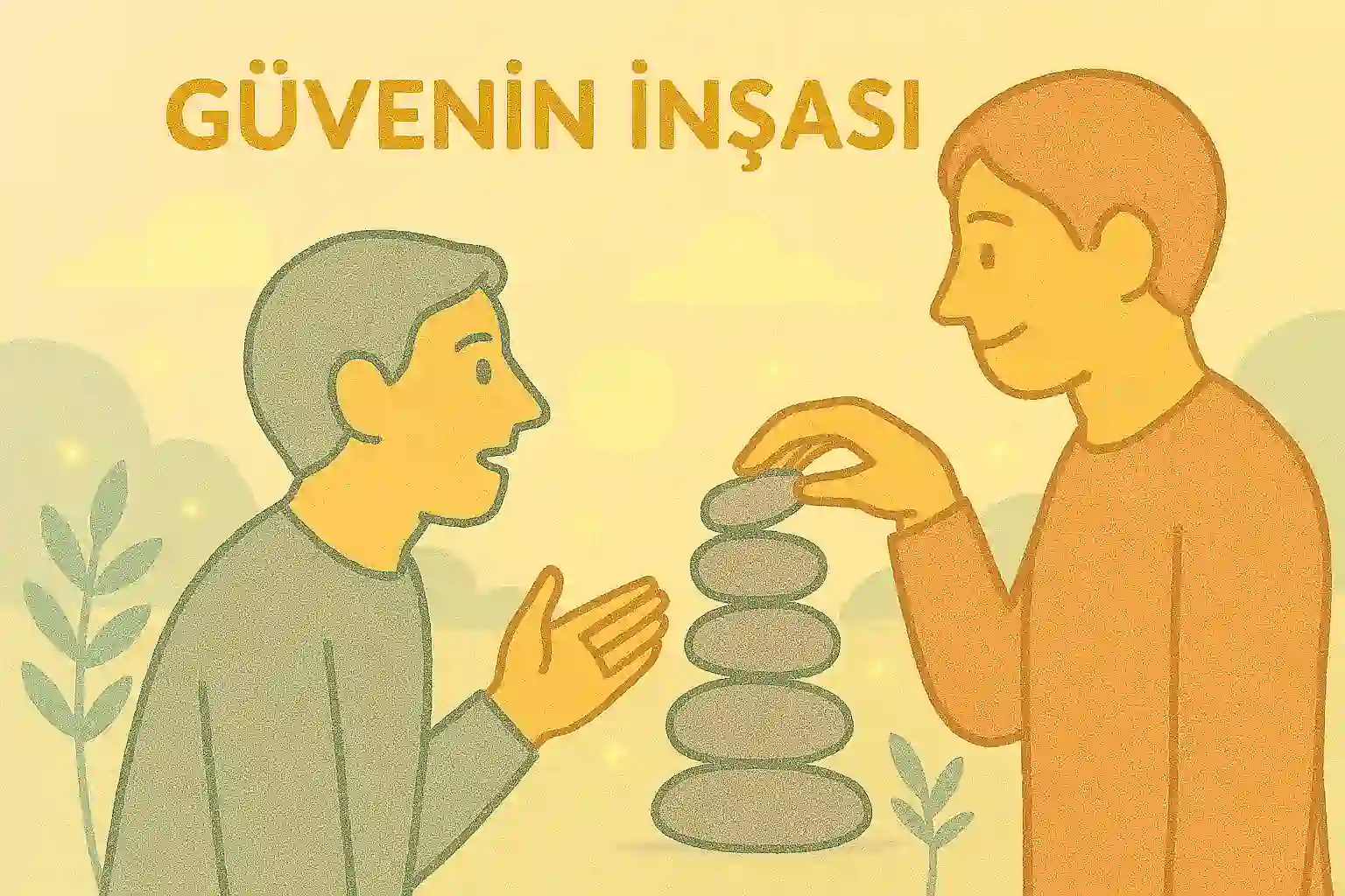 Bir karakterin küçük taşları üst üste dizerek sağlam bir kule oluşturması; her taş bir tutarlı davranışa sembolik; arka planda sabah ışığı ve yumuşak sarı tonlar; güvenin adım adım inşa edildiği metafor