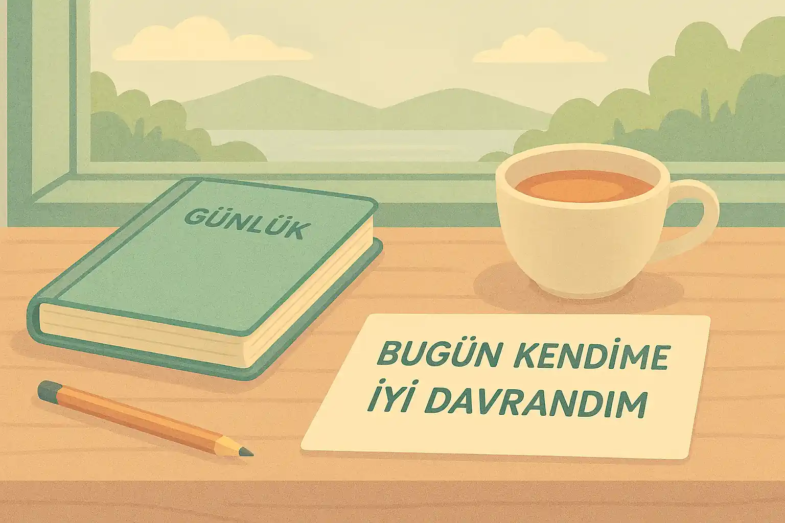 Masada bir günlük, yanında bir fincan çay ve kurşun kalem; arka planda doğa manzarası ve masanın üzerinde ‘Bugün kendime iyi davrandım’ yazılı not; pastel yeşil ve krem tonlarında sakin bir çalışma masası illüstrasyonu