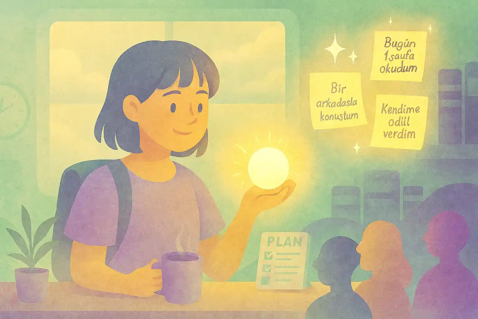 Öğrenci masasında plan tablosu, çay ve bitki; ışık saçan post-it notlarıyla üretkenlik ve motivasyon, pastel yeşil ve lavanta tonlar.