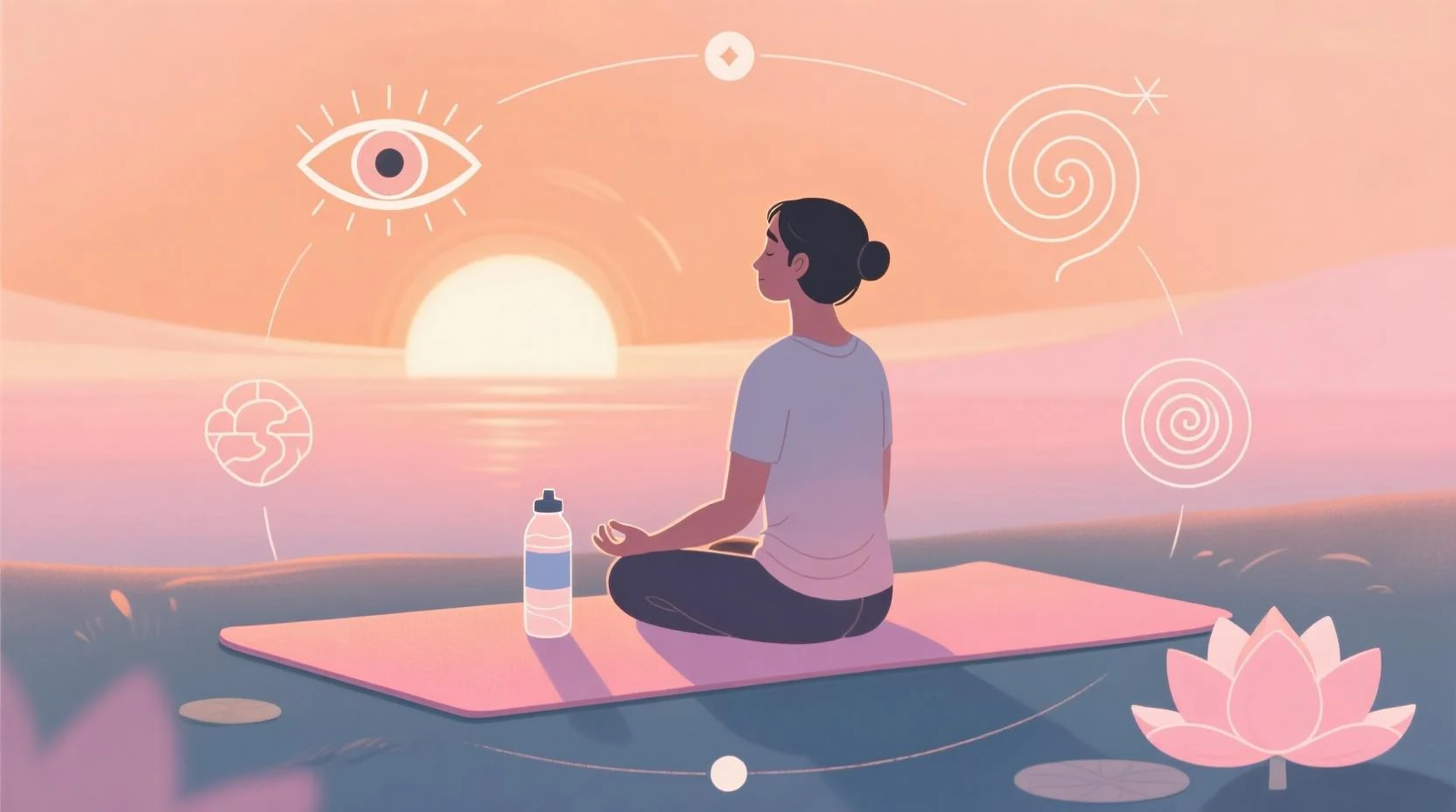 Pastel turuncu ve pembe tonlarda çizilmiş, sabah güneşinin doğuşunu izleyen bir figür, yanında yoga matı ve su şişesi, zihinsel odaklanmayı temsil eden simgelerle çevrili