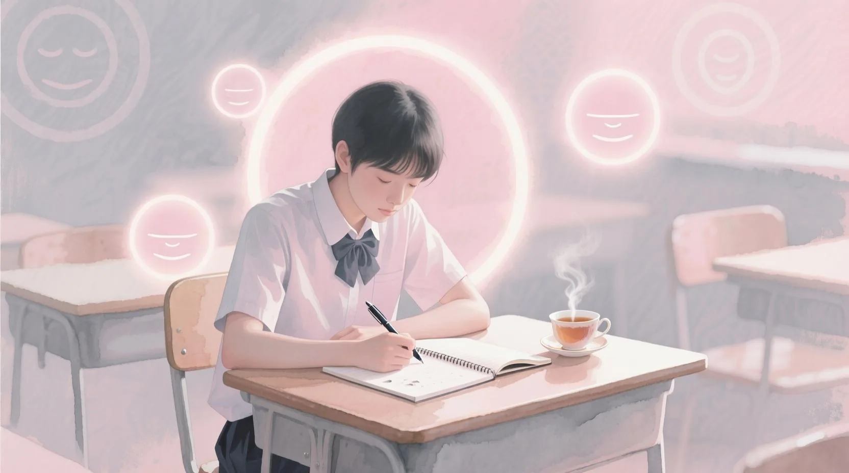 Öğrenci sınav masasında, duygusal dengeyi simgeleyen ışık halkaları ile pastel tonlarda dijital illüstrasyon