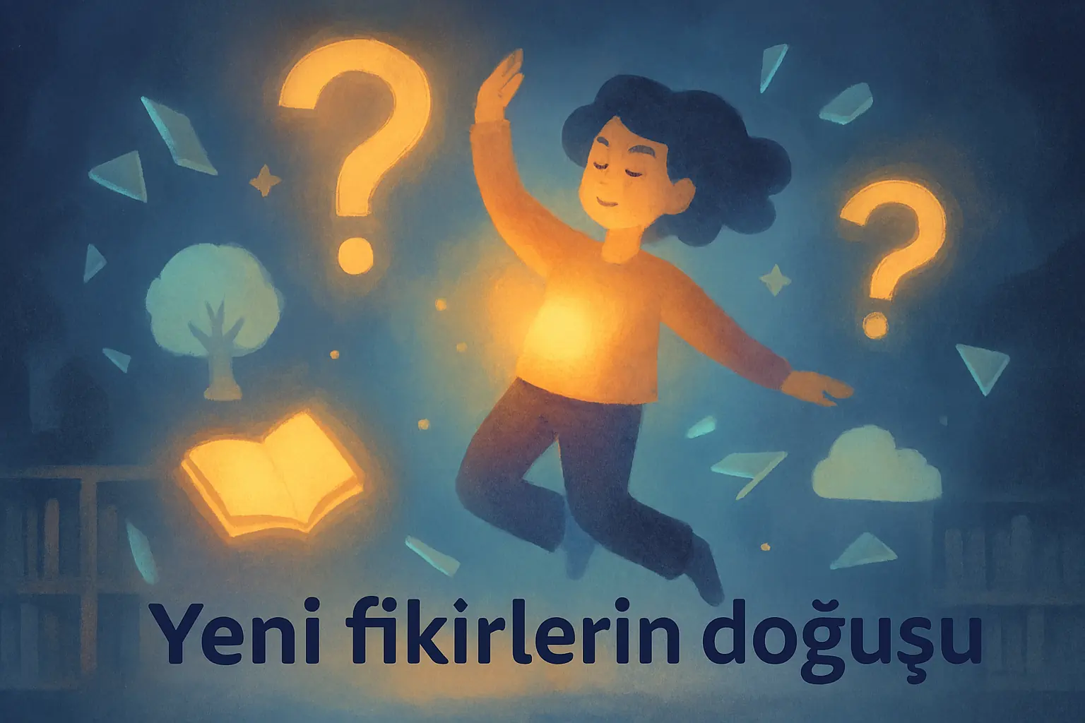 Pastel mavi ve turuncu tonlar, hayali karakter soru işaretleriyle çevrili; kırık camlar eski kuralların yıkılışını, arka plandaki hafif karanlık yeni fikirlerin doğuşunu simgeliyor. 