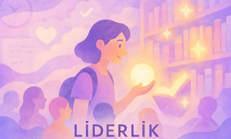 Üniversite öğrencisi kütüphanede, ışık saçan kitaplar ve motivasyon sembolleriyle bilgiye ilerliyor, pastel mor ve pembe tonlarda dijital illüstrasyon.