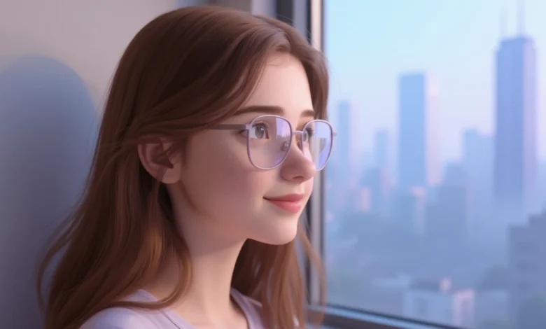 Pastel tonlarda hayali bir genç, camdan dışarıya bakarken arka planda bulanık şehir silueti ve yalnızlığı simgeleyen gölgeler. Yumuşak mavi ve mor tonlar, duygusal derinlik ve içsel yansımayı vurguluyor.