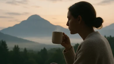 Kişi sabah çayı ile doğa bağ kuruyor, yavaş yaşam felsefesi ve sakin dağ manzarası ile görselleştiriliyor.