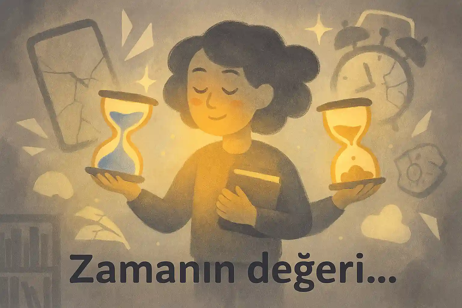 Pastel gri ve altın tonlar, hayali karakter iki kum saati tutuyor; biri hızlı diğeri yavaş akıyor. Arka planda kırık telefonlar ve alarm saati, odaklanma ve zamanın değerini simgeliyor. 