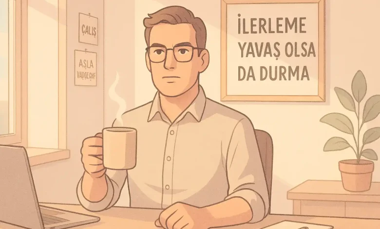 Pastel tonlarda çizilmiş, yumuşak ışıkla aydınlatılmış bir ofis masasında oturan hayali bir karakter, elinde kahve ve arkasında motivasyon yazıları asılı; karakterin yüz ifadesi kararlı ama sakin, pencereden hafif güneş ışığı giriyor, duvarda 'İlerleme Yavaş Olsa da Durma' yazılı poster var