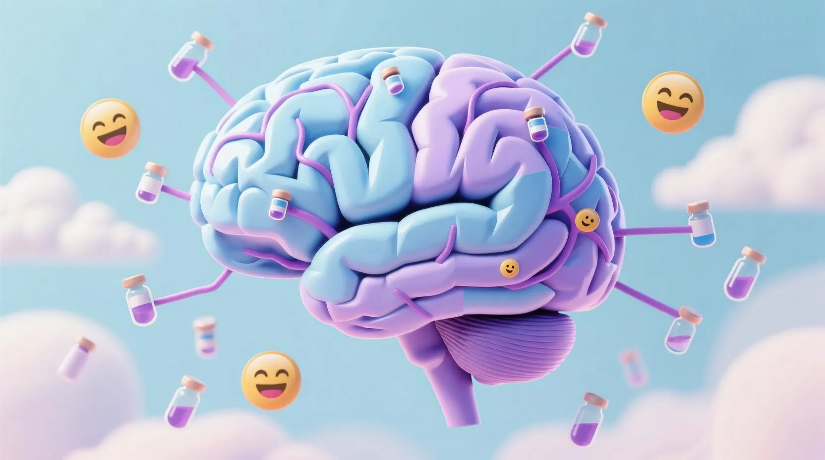 Pastel mavi ve mor tonlarında soyut bir beyin çizimi, içinde küçük ampuller ve yollar, her yolun ucunda bir başarı sembolü; arka planda hafif bulutlar ve pozitif emojiler