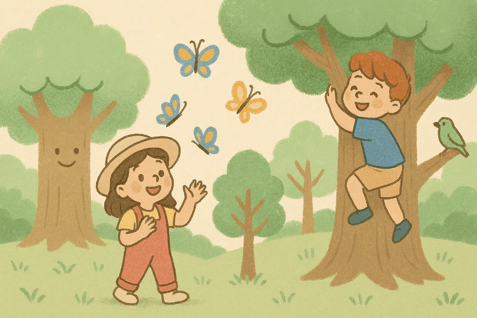Çocukların bir ormanda kelebekleri izlediği, ağaçlara tırmandığı, gülümseyen hayali karakterlerin olduğu pastel renkli bir sahne