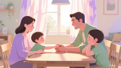 Aile içi iletişimi güçlendiren günlük pratikleri simgeleyen sahne, yemek masasında sohbet eden ve elleriyle temas eden ebeveynler ve çocuklar, sıcak ve güvenli bir atmosfer.