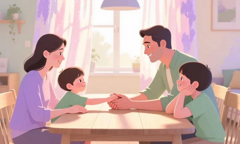 Aile içi iletişimi güçlendiren günlük pratikleri simgeleyen sahne, yemek masasında sohbet eden ve elleriyle temas eden ebeveynler ve çocuklar, sıcak ve güvenli bir atmosfer.