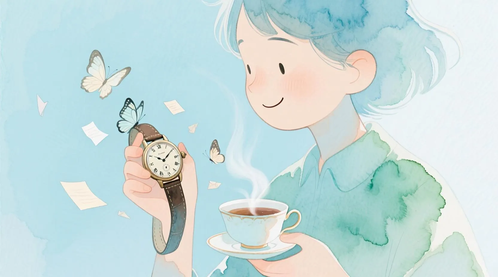 Pastel mavi ve yeşil tonlarında çizilmiş bir karakterin, elinde analog bir saat tutarak gülümsemesi. Saatin etrafında uçuşan kelebekler ve küçük not kağıtları. Karakterin diğer elinde bir fincan çay var. Stil: serene, calm, watercolor.