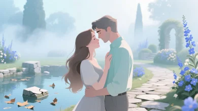 Hayali çift, pastel tonlarda güvenle sarılıyor; arka planda huzurlu bahçe, bağlanma stillerini temsil eden duygusal ve soyut illüstrasyon