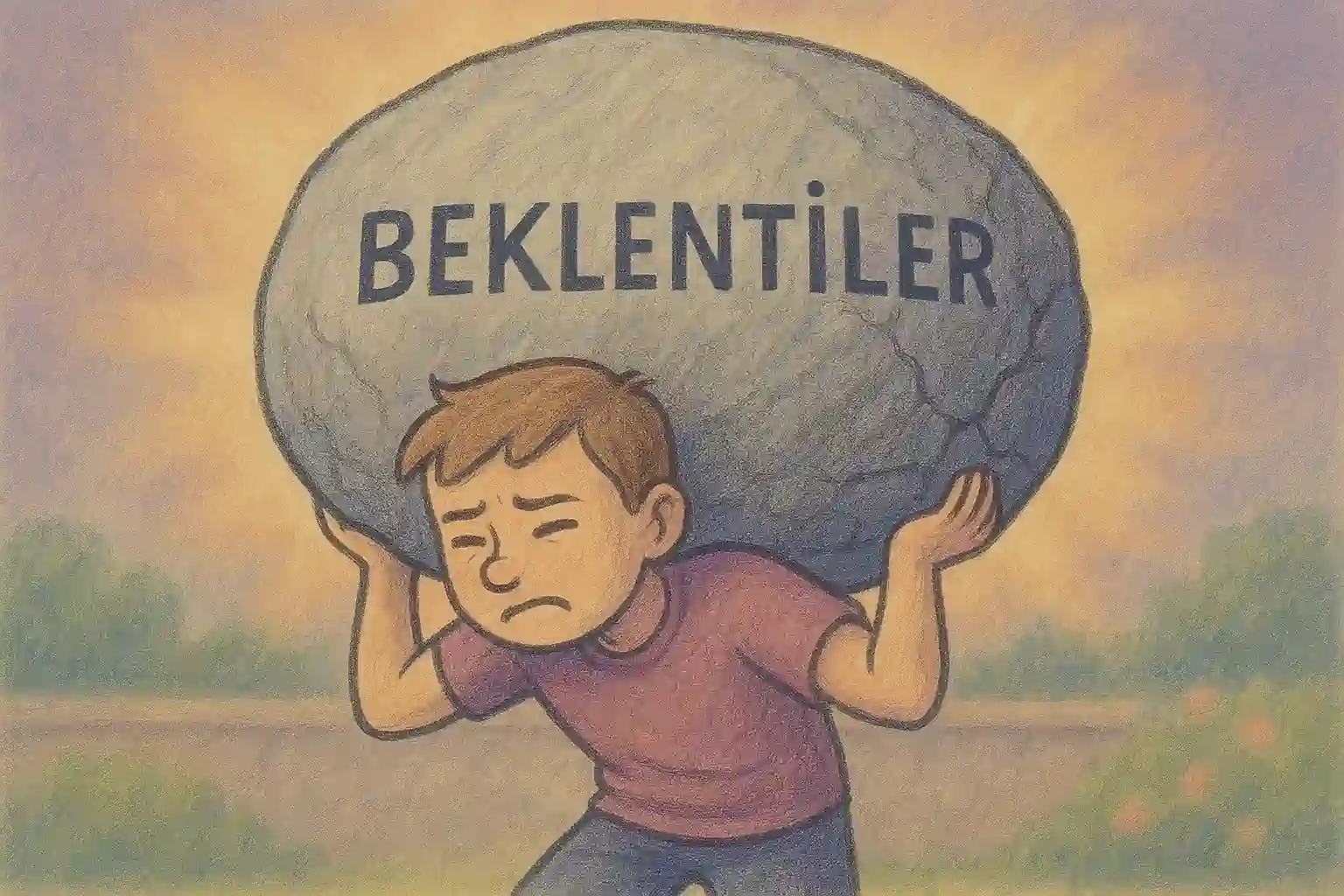 Pastel tonlarda çizilmiş bir çocuk figürü, omuzlarında devasa bir taş taşıyor; taşın üzerinde ‘Beklentiler’ yazıyor; çocuğun yüzünde zorlanmış bir ifade, ancak arkasında ışık sızıyor