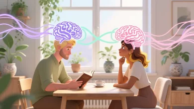 Bir kahve masasinda kitap okuyan ciftin arka planda bitkiler ve dogal isik ile cevrili oldugu, beyin aktivitesini temsil eden soyut cizgiler ve noral baglantilarla desteklenen sanatsal sahne.