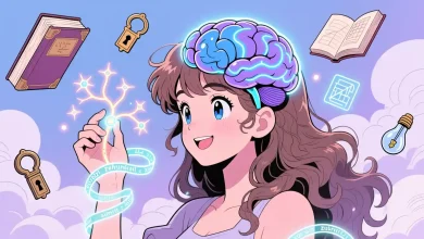 Pastel tonlarda hayali karakter, ışıldayan nöronlarla beyin egzersizi yapıyor; çevresinde hafıza sembolleri süzülüyor.