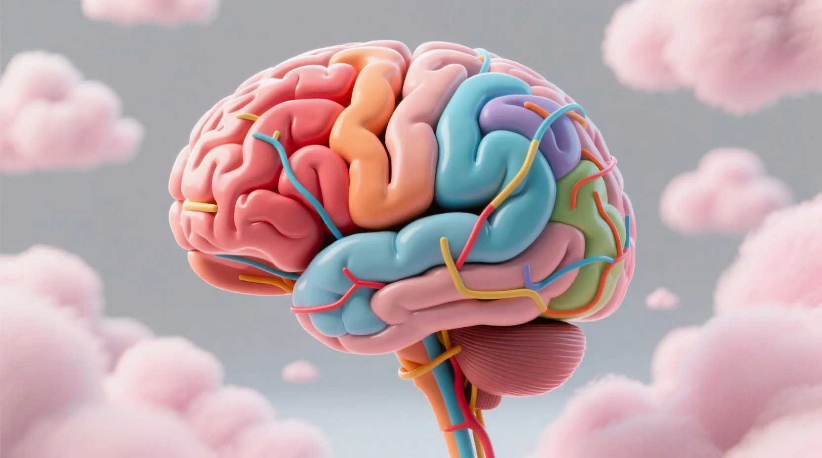 Beyin modeli, renkli sinir lifleriyle anksiyete türlerini temsil ediyor: genel, sosyal, panik atak ve obsesif kompulsif.