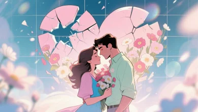 Pastel tonlarda hayali bir çift, yumuşak ışık altında birbirlerine sarılıyor; arka planda kırık bir kalp yavaşça çiçeklere dönüşüyor, sembolik olarak affetmenin dönüşüm gücü vurgulanıyor. Stil: çizgi roman karışımı, rüya gibi atmosfer, duygusal derinlik.