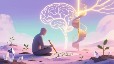 Soyut bir ortamda zihinsel harita çizen figür, filizlenen bitki, merdiven ve ışık hüzmesiyle çevrili, odaklanmış öğrenme ve bireysel gelişim sahnesi.