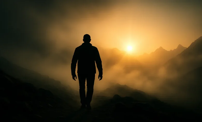 Bir insanın dağ zirvesine doğru yürüyüşü, içsel keşif ve potansiyel açığa çıkarma temalı, sembolik bir yolculuk sahnesi