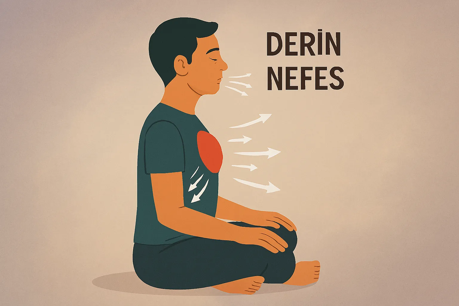 Kişi oturmuş, derin nefes alıyor, göğüs ve karın hareketi ile nefes anatomisi gösteriliyor.