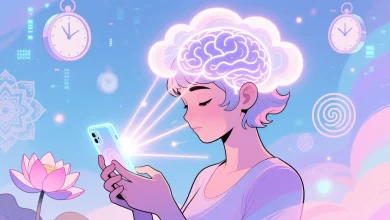 Pastel tonlarda hayali karakter, şeffaf telefon ışınlarıyla dijital farkındalık ve bilinç bulutunu keşfediyor.