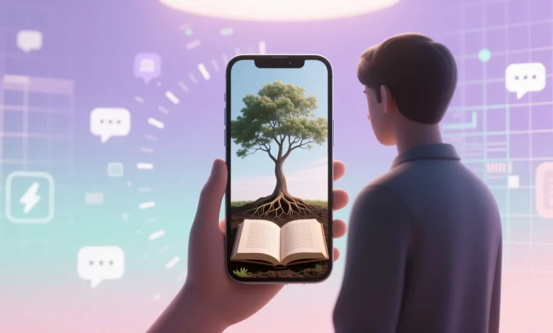 Akıllı telefonun yansımasında doğa ve kitap sembolleri, bulanık bildirim ikonları arasında farkındalığı temsil eden figür.