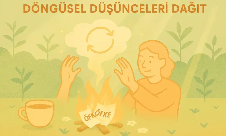 Pastel tonlarda hayali bir karakter, kafasından duman gibi çıkan döngüsel düşünceleri elleriyle yumuşak bir şekilde dağıtıyor; arka planda sakin bir orman ve hafif ışık sızıntıları var, zihinsel berraklık ve içsel direnç teması öne çıkıyor.