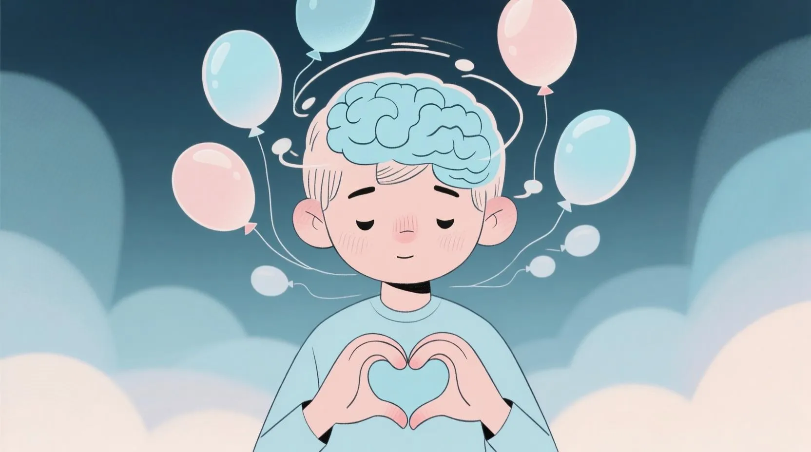 Bir karakterin başının etrafında dönen düşünce balonlarının yavaşça eriyip kaybolduğu, yerine hafif mavi bir zihin bulutunun oluştuğu, karakterin ellerinin kalp şeklinde birleştiği pastel tonlu illüstrasyon.