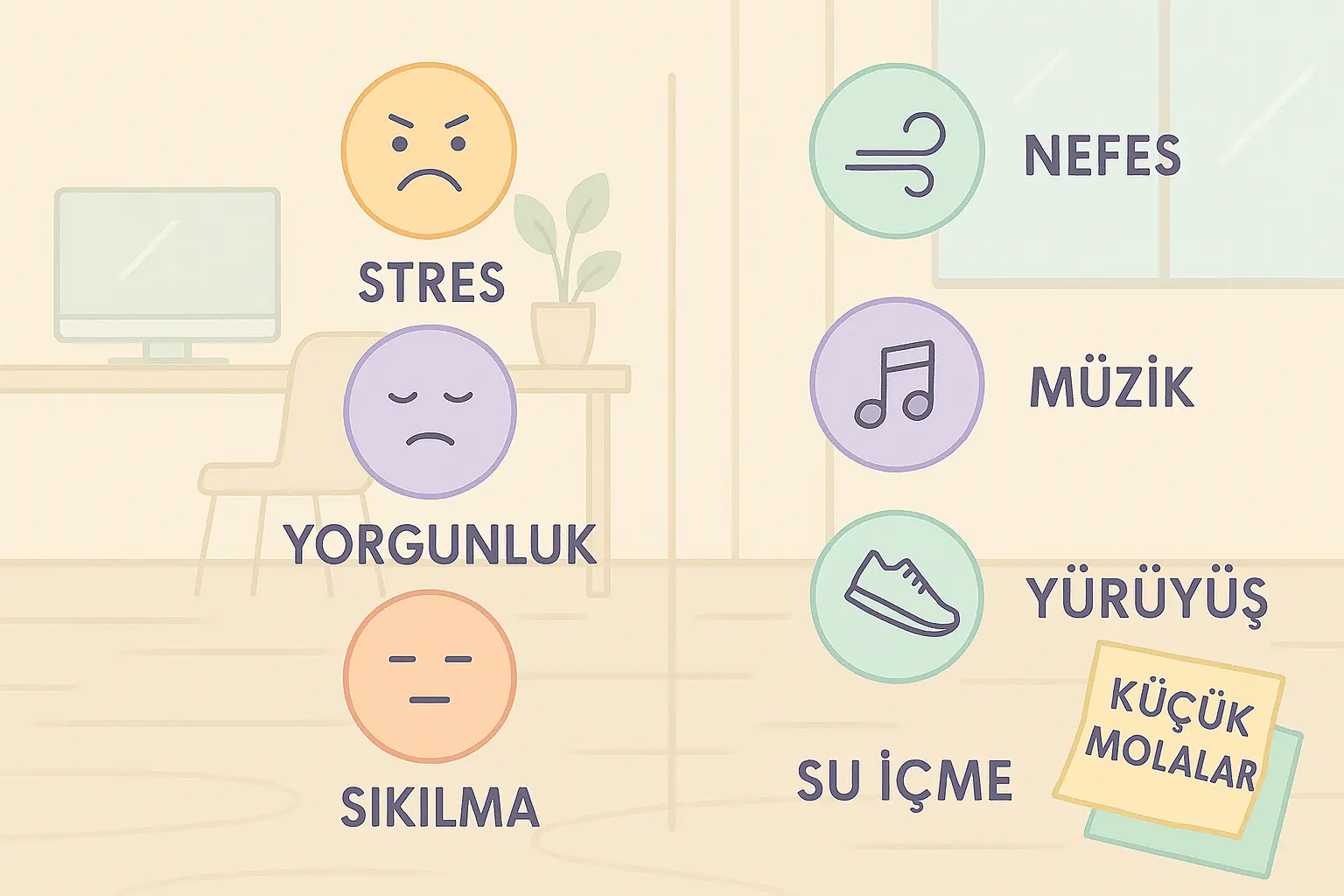 Farklı duygusal durumları (stres, yorgunluk, sıkılma, enerji düşüşü) temsil eden pastel renkli ikonlar; her birinin karşısına en etkili mola türü (nefes, müzik, yürüyüş, su içme) eşleştirilmiş; arka plan sakin bir ofis ortamı.