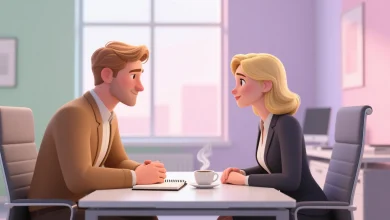 Ofiste empatik diyalog kuran profesyoneller, pastel tonlu sahne.