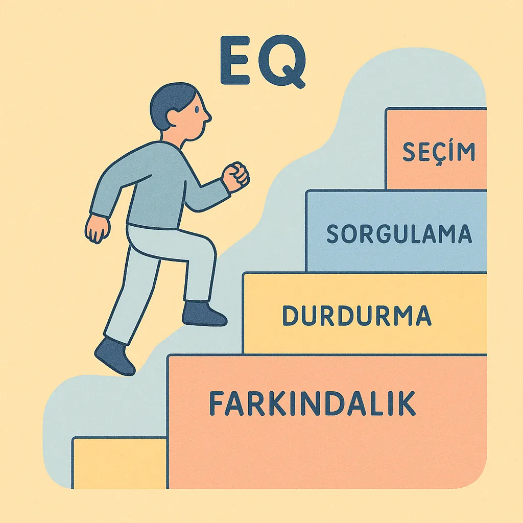 Bir karakter, EQ gelişimini simgeleyen renkli merdivenleri tırmanıyor; her basamakta bir duygusal beceri (farkındalık, durdurma, sorgulama, seçim); pastel sarı ve mavi tonlar