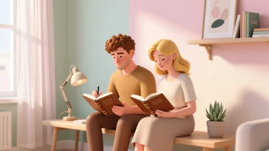 Minimalist ofis veya ev ortaminda bir erkek ve bir kadinin sabah rutininde kitap okuyup hedef listesi yazdigi, pastel tonlu arka plan ve sanatsal kompozisyonla olusturulmus sahne.