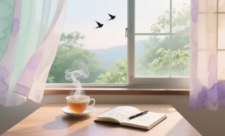 Pencere kenarında çay, defter ve kalemle huzurlu sabah sahnesi.