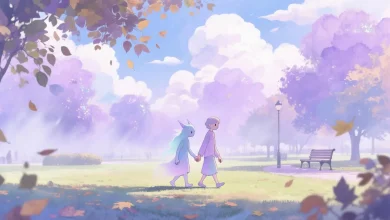 Pastel tonlarda çizilmiş iki hayali karakter, bir parkta sessizce yürüyor; aralarında görünmez ama hissedilen bir bağ var; arka planda yumuşak mor ve mavi tonlar, bulutlar ve ışıltılı yapraklar; duygusal bağın görsel metaforu olarak ellerinin hafifçe birbirine yaklaşması; gerçekçi değil, rüya gibi bir atmosfer