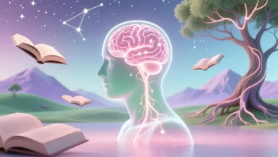 Şeffaf insan silüeti, beynin sinirsel bağlantıları ışık hüzmesiyle çevrili, arka planda doğa ve kitaplarla dengelenmiş bilgi ekosistemi.