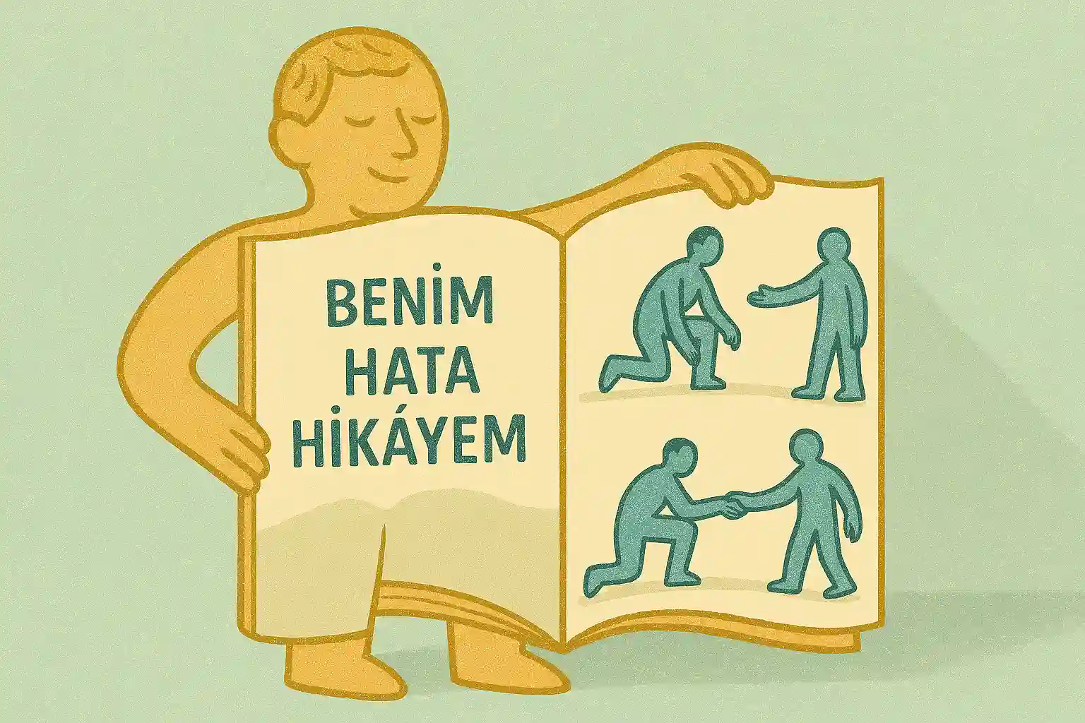 Kitap şeklinde bir kahraman figürü, sayfaları arasında küçük sahneler var; bir sahnede figür düşüyor, bir sonrakinde kalkıyor, bir diğerinde başkalarına el uzatıyor; kitabın kapağında 'Benim Hata Hikayem' yazıyor; pastel tonlarda çizim.