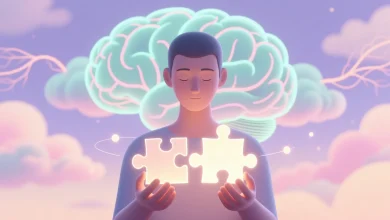 Pastel tonlarda hayali sahne; elinde parçalara ayrılmış ve ışıkla aydınlanan bir puzzle tutan figür, arka planda beyin şekilli bulutlarla sembolize edilmiş manzara; hedefleri küçük parçalara bölmenin beynin algısı ve motivasyon üzerindeki etkisini gösteriyor.