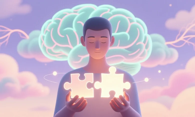 Pastel tonlarda hayali sahne; elinde parçalara ayrılmış ve ışıkla aydınlanan bir puzzle tutan figür, arka planda beyin şekilli bulutlarla sembolize edilmiş manzara; hedefleri küçük parçalara bölmenin beynin algısı ve motivasyon üzerindeki etkisini gösteriyor.