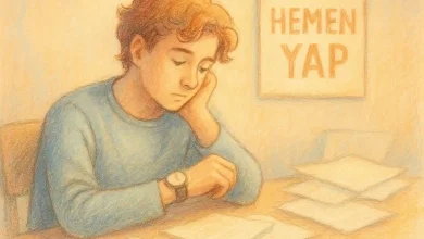 Pastel tonlarda çizilmiş, masasında saatine bakan genç bir karakter; arka planda dağınık kağıtlar ve bir motivasyon posteri; ertelemenin görsel metaforu, yumuşak ışık ve hayalî stil.