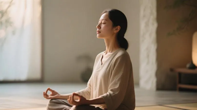 Kişinin gözlerini kapalı, derin nefes alırken iç dünyasını dinlediği huzurlu bir an